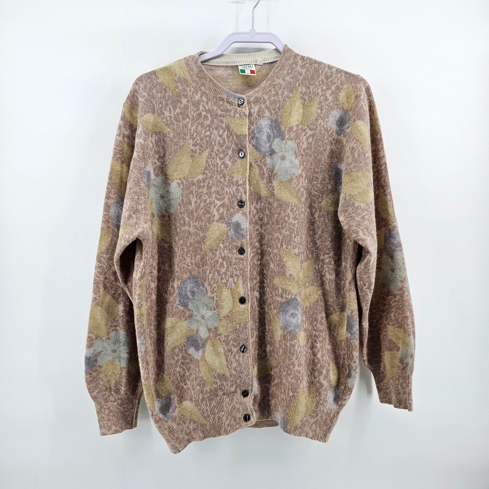 Giorgio Valeri Cardigan 50 XL Brown Floral Leopard Wool Angora Made in Italy